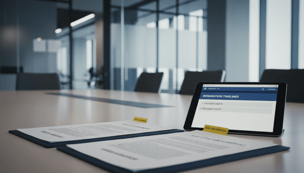 Merger and Asset Purchase Agreements with excluded assets list and license-back provisions beside tablet showing integration timeline in modern tech corporate headquarters.