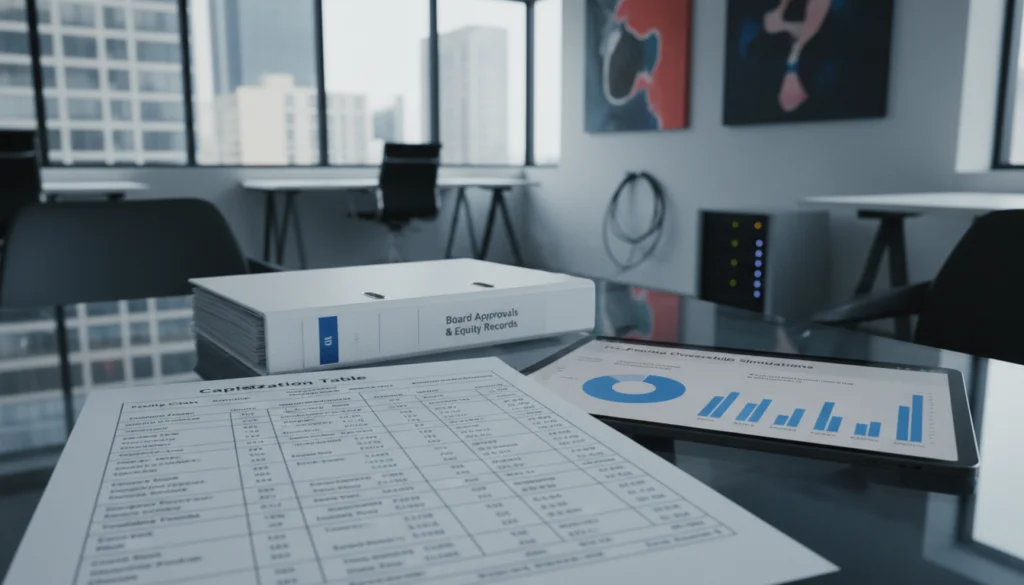 Clean capitalization table with vesting schedules and pro-forma ownership model displayed on tablet in contemporary startup boardroom.