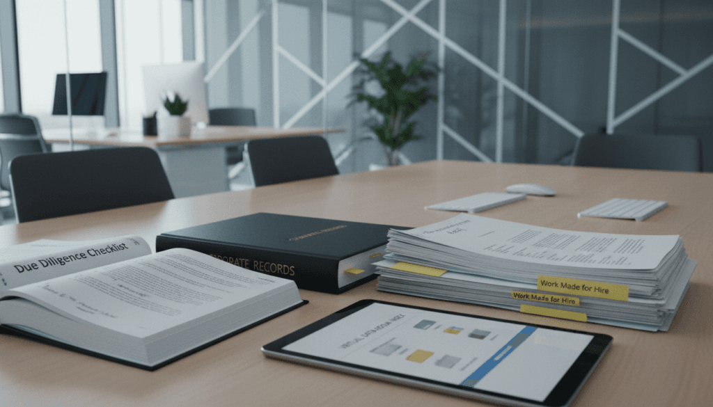Due diligence checklist, corporate minute book, and IP assignment documents beside tablet showing virtual data room index in corporate office.