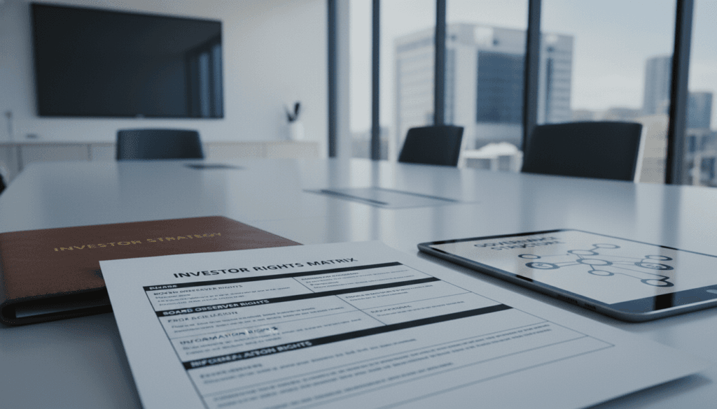 Investor rights matrix outlining board observer and pro-rata rights next to governance structure diagram in startup boardroom setting.