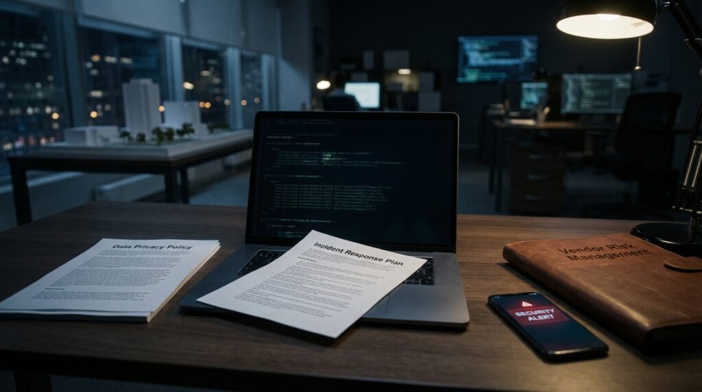 Cybersecurity compliance documents and incident response plan on a corporate office desk.