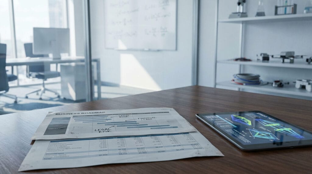 Desk with business roadmap and financial model annotated for legal risk, tablet showing structural stress-test diagrams, modern life sciences or tech startup office background, soft natural daylight, cool muted tones, realistic textures, strategic planning and legal risk analysis concept, no people.