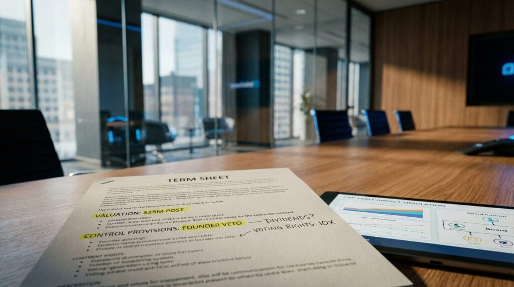 Marked-up term sheet with highlighted valuation and voting rights clauses next to tablet displaying cap table impact and board composition charts in startup boardroom.