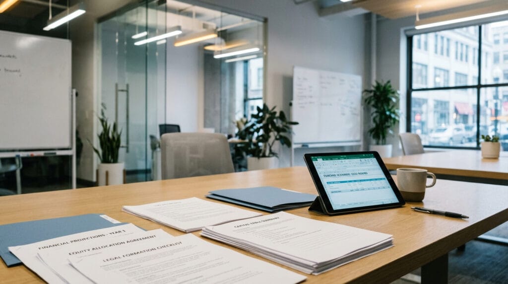 Early-stage financial projection sheets, equity allocation charts, and legal formation checklists on a desk, tablet displaying cap table and funding scenarios, modern startup workspace, natural daylight with soft interior lighting, muted blue and gray tones, realistic textures, strategic financial planning for tech and life sciences founders, no people.