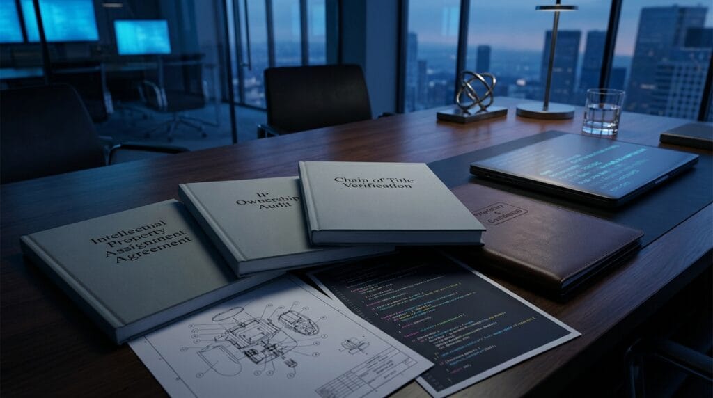 Intellectual property assignment and ownership audit documents displayed on a corporate desk.