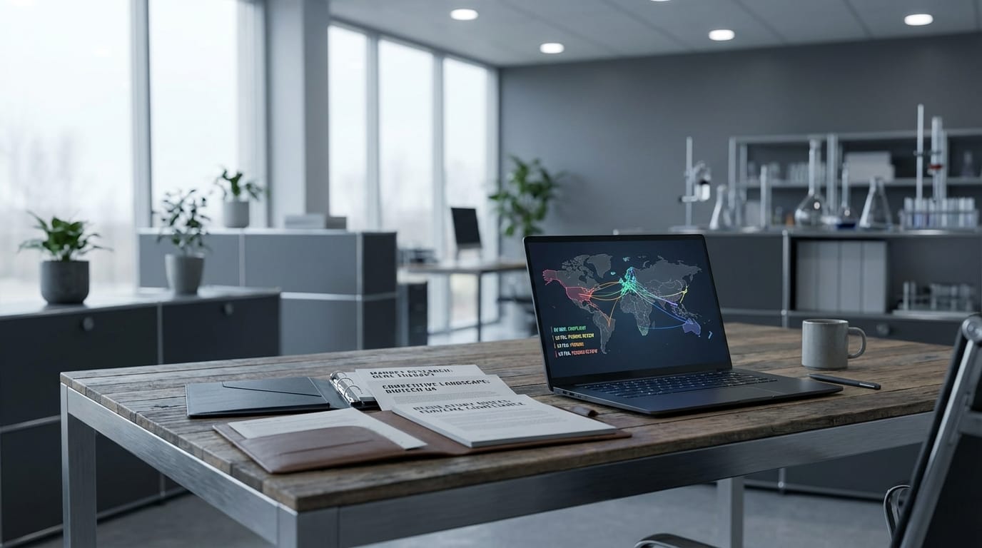 Market research reports, competitive analysis charts, and regulatory compliance briefs on desk, laptop showing jurisdiction-specific compliance overlays, modern tech or life sciences strategy office, soft natural and ambient lighting, cool muted tones, realistic textures, concept of defensible market positioning and regulatory awareness, no people.