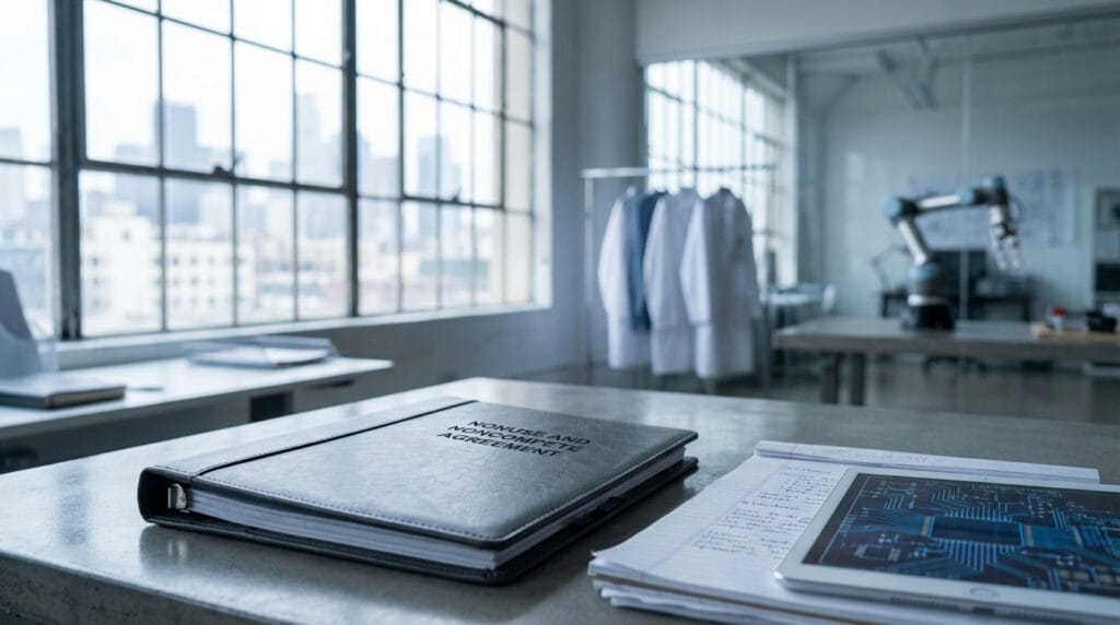 Professionally bound Nonuse and Noncompete Agreement on a modern tech startup desk, with research notes and tablet displaying proprietary technology diagrams, soft natural lighting, blurred lab equipment in the background, conveying IP protection and scalable venture governance.