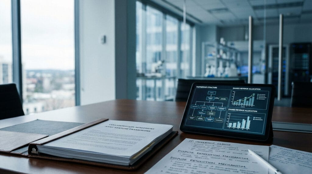Collaboration and joint venture agreement on modern boardroom table with tablet showing partnership structure and revenue allocation charts in tech or life sciences company setting, conveying strategic alignment and scalable growth.