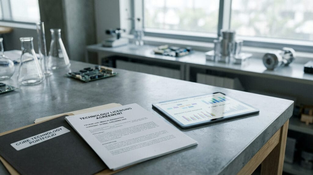 Technology licensing agreement with defined field-of-use and territorial rights beside tablet displaying royalty flow and IP valuation metrics in innovation workspace, conveying scalable IP monetization and strategic control.
