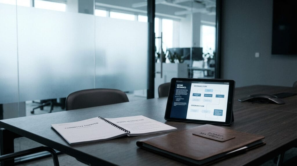 Committee charter and board resolution documents beside tablet displaying voting mechanics and governance structure in contemporary startup boardroom.