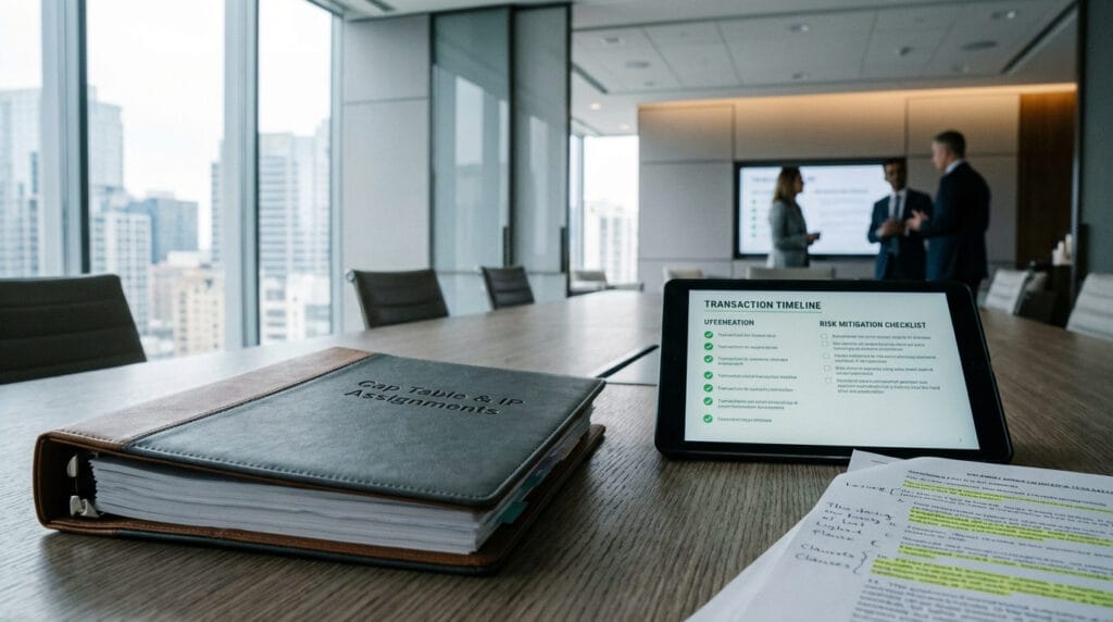 Due diligence binder labeled cap table and IP assignments with tablet showing M&A transaction timeline and risk checklist in modern corporate office.