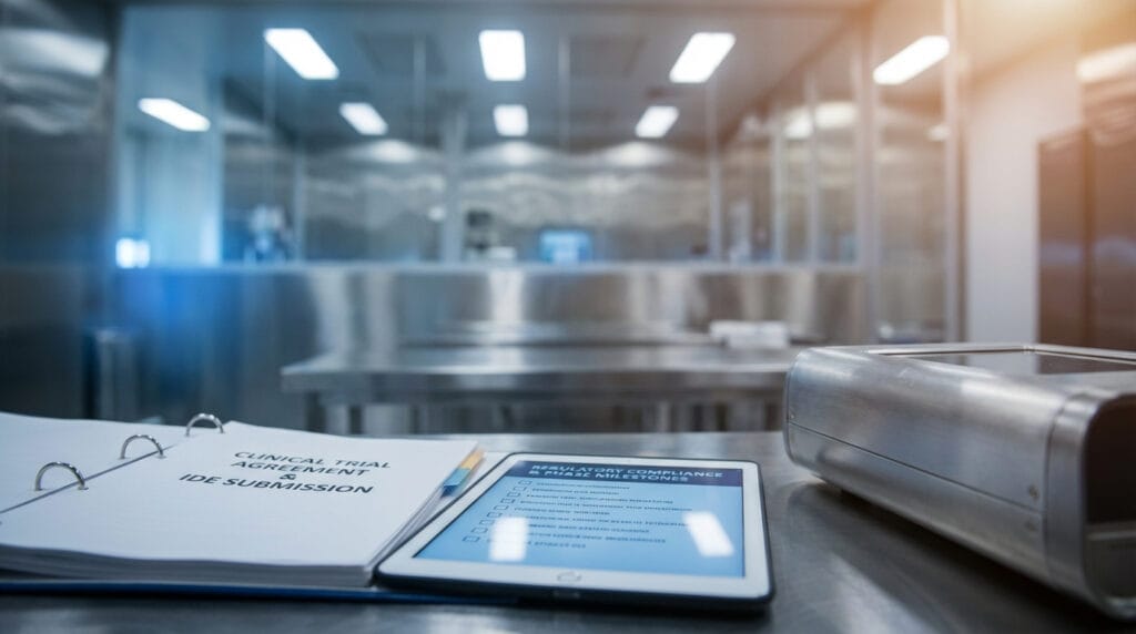 IDE clinical trial agreement and regulatory compliance binder beside medical device prototype in medtech development workspace