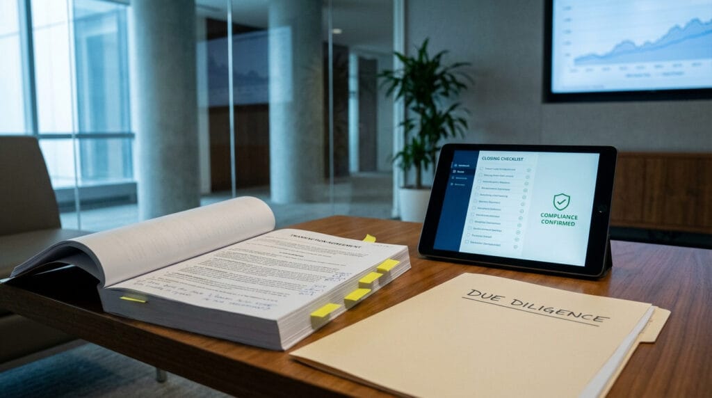 M&A transaction agreement with due diligence documents and regulatory checklist on tablet in modern corporate office