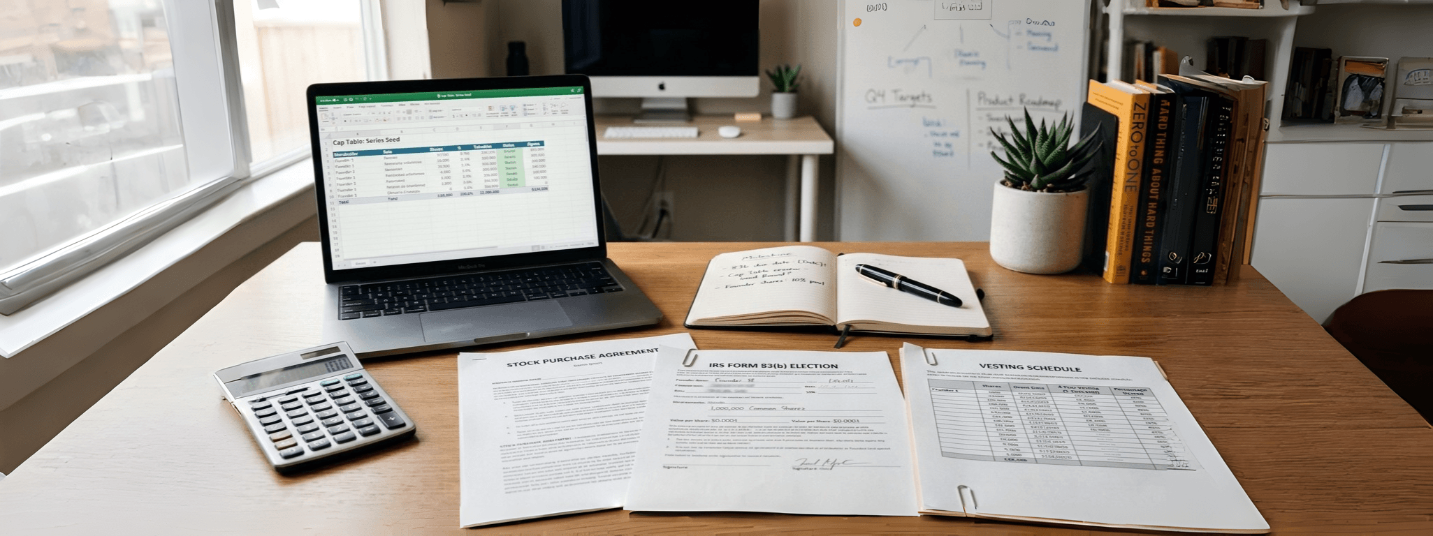 Section 83(b) election startup equity documents, vesting schedule, and stock purchase agreement prepared in a founder workspace