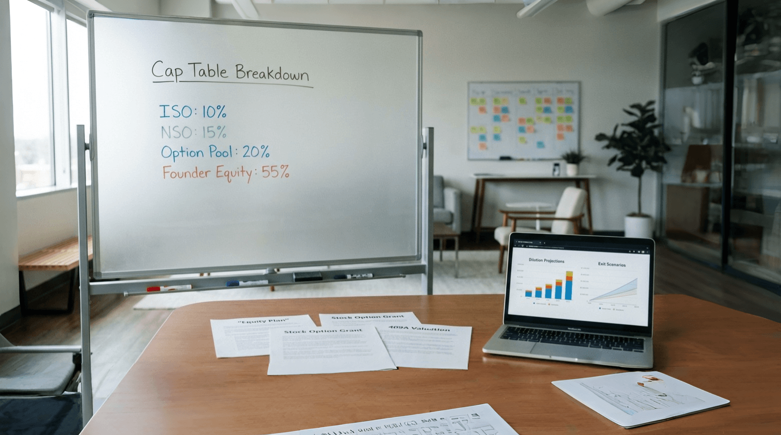 ISO vs NSO startup equity comparison with cap table, dilution analysis, and stock option planning for founders