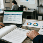 Professional reviewing equity compensation documents and startup financial reports at a desk, including RSU vs stock options comparison, 409A valuation, and capitalization table.